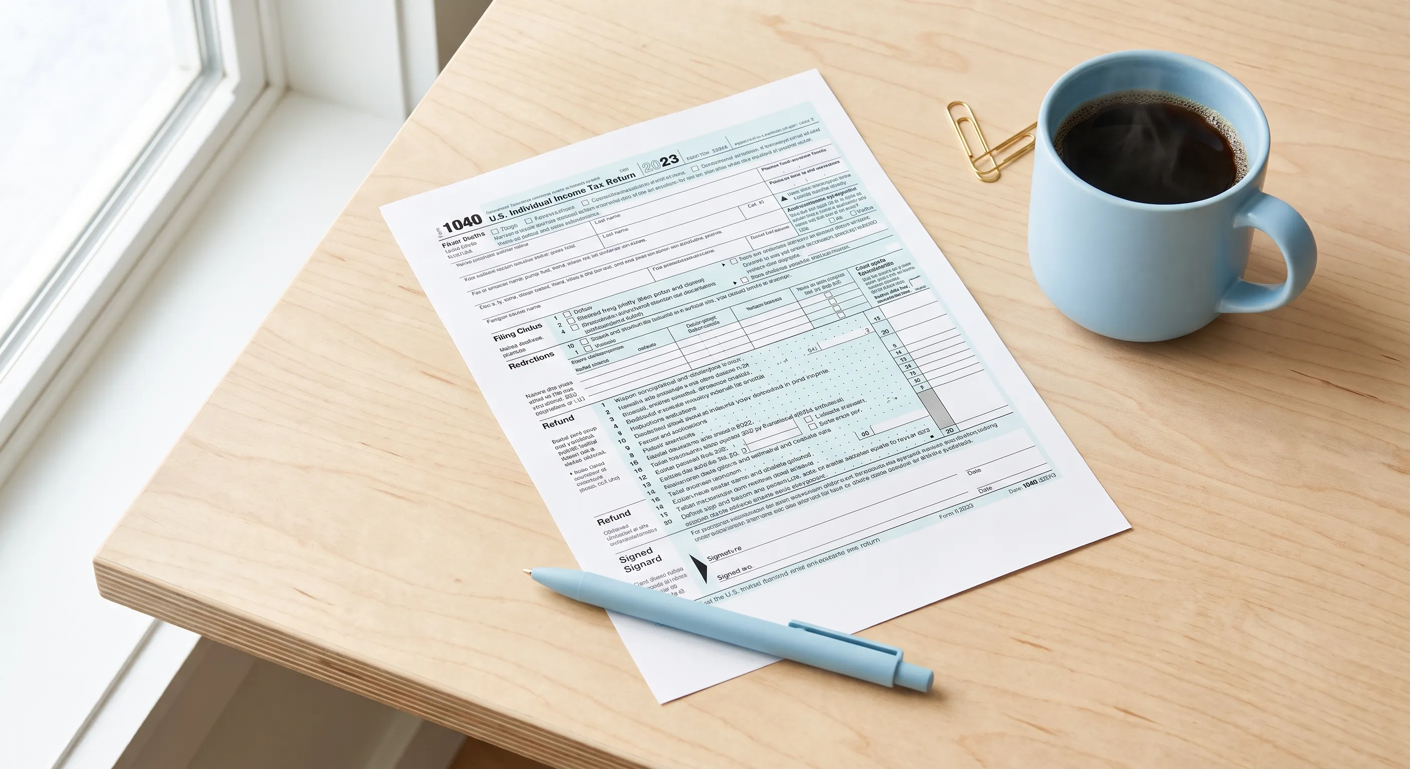 Tax preparation documents organized for filing